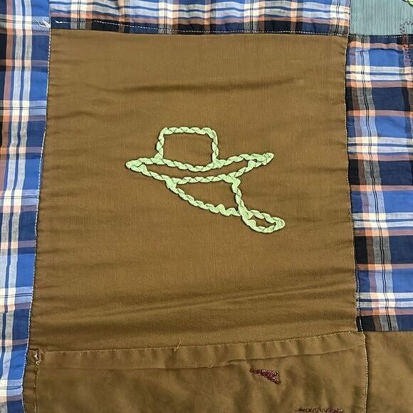 Homemade Plaid Squares Western Corduroy Squares Vintage Quilt 25 In x 54 In - Picture 10 of 14